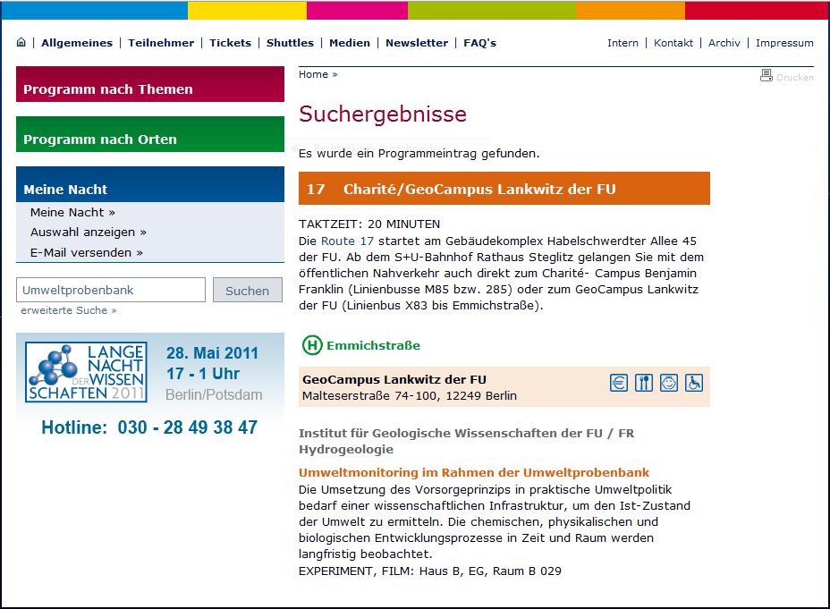 Quelle: Lange Nacht der Wissenschaften, Berlin 2011, Webseiten-Schnappschuss Programm-Auszug Umweltprobenbank