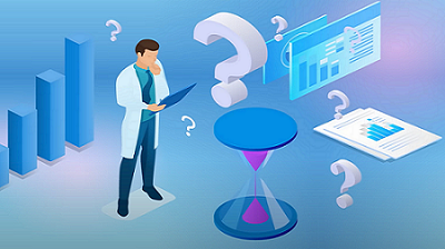 A graphic with a scientist, question marks, data and charts