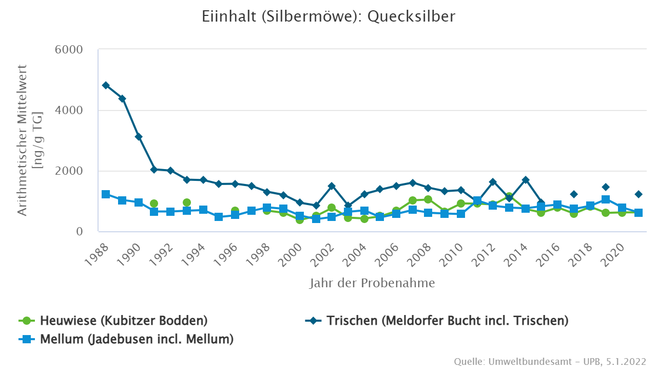 Die Quecksilberbelastung von Silbermöweneier von der Nordsee ist seit Ende der 1980er Jahre stark zurückgegangen. In Möweneiern von der Ostsee ist dagegen ein leichter Anstieg zu verzeichnen.