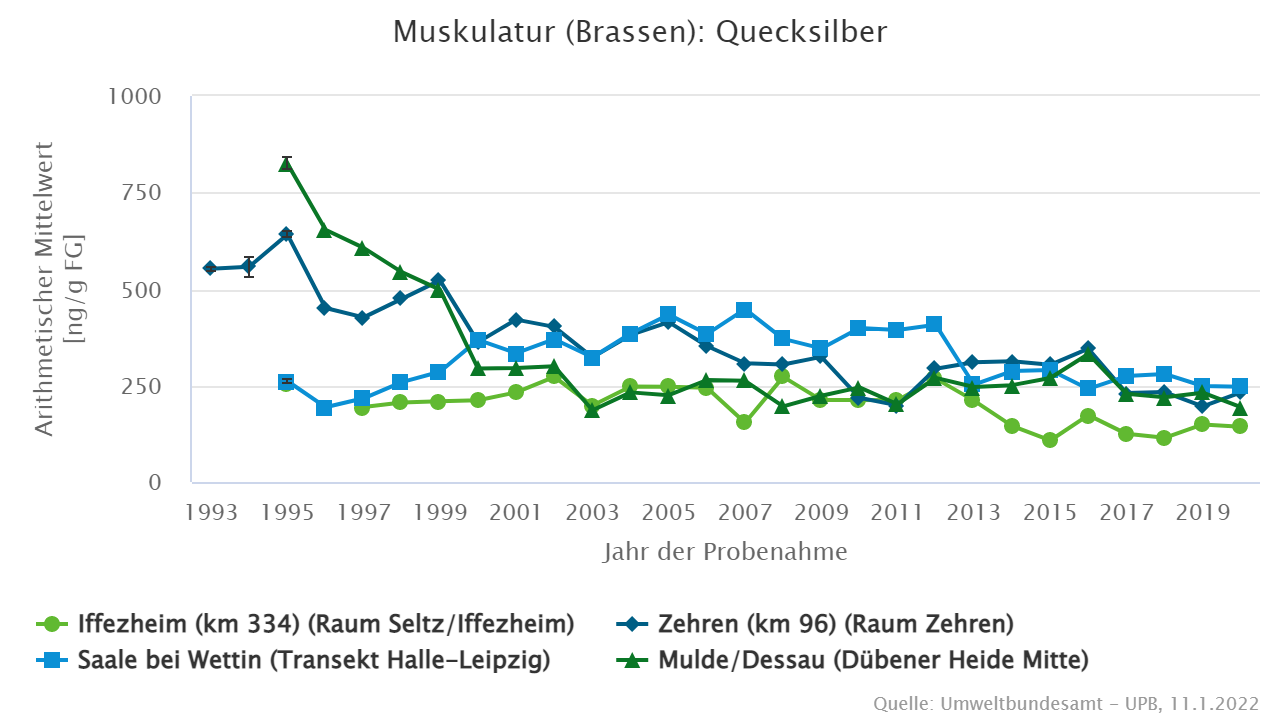 Quecksilbergehalte überschreiten deutlich die Umweltqualitätsnorm in Biota von 20 ng/g Frischgewicht.