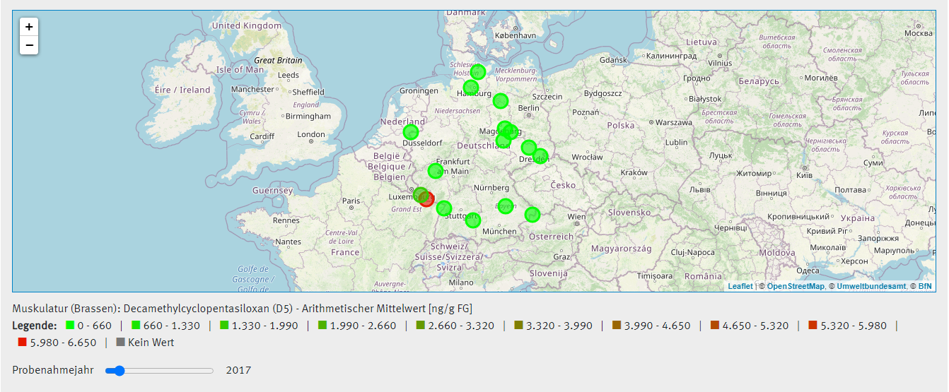 Karte der Probenahmestandorte mit Konzentrationsangaben für Decamethylpentasiloxan in 2017