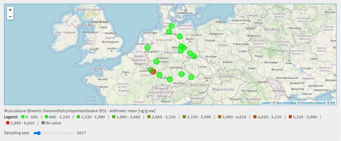 Map of the sampling sites with concentration levels of Decamethylcyclopentasiloxane in 2017